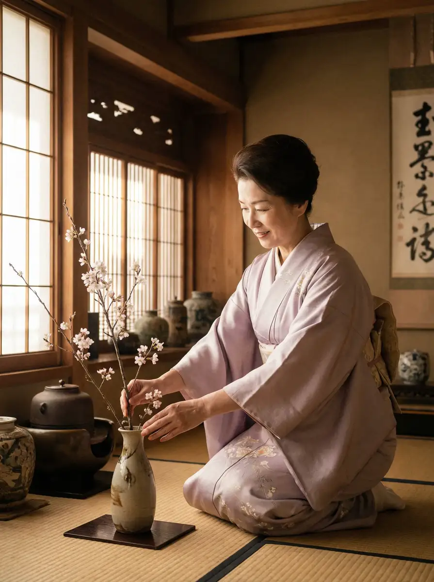 一位优雅的 7723日本影视 在和室中插花